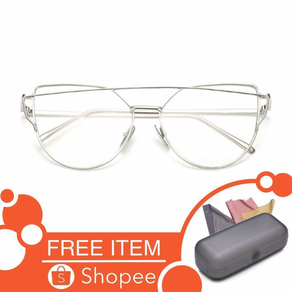 Eye Cat Glasses [ Transparan Silver ] Pria dan Wanita - Desaign Korea - NY Free Kotak Kacamata