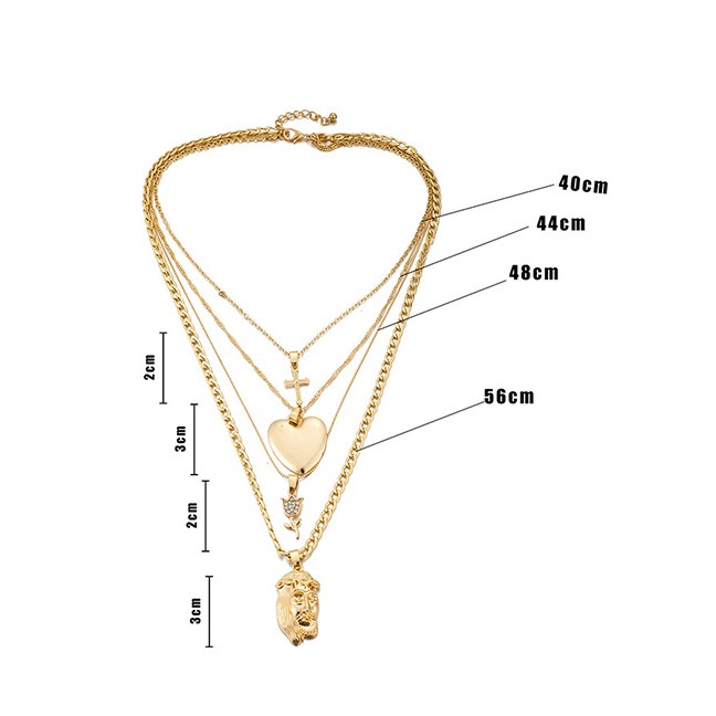 LRC Kalung Fashion Gold Face Flower Love Cross Alloy Multi-layer Necklace D19392