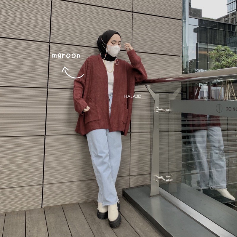 [𝐡𝐚𝐥𝐚]  Aera Oversized Knit Cardigan | Premium Oversized Cardigan Rajut Tebal-Maroon