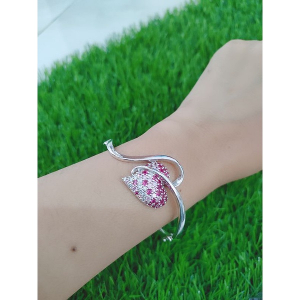 GELANG PERAK ASLI SILVER 925 LAPIS EMAS/GELANG TANGAN BANGLE LOVE DAUN MATA PUTIH KOMBINASI MATA PINK/ASLI SILVER/FASHION WANITA