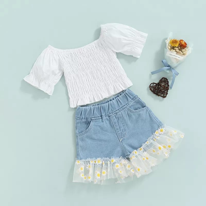 (LOLI-JKT) BS-249 SET ANAK CEWEK TOP DAISY  + CELANA DENIM SIZE 90-140