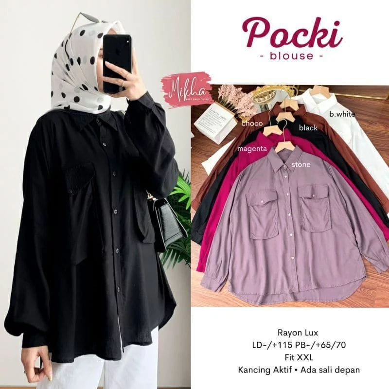 Pocki Blouse Matt Katun Rayon Atasan Wanita Terbaru Kemeja Wanita Jumbo Baju Lengan Panjang Wanita