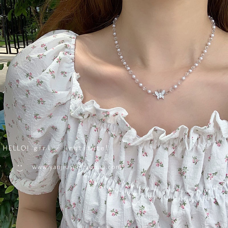 2021 baru Crystal Pearl Kalung kupu-kupu wanita musim panas niche desain sederhana temperamen kalung