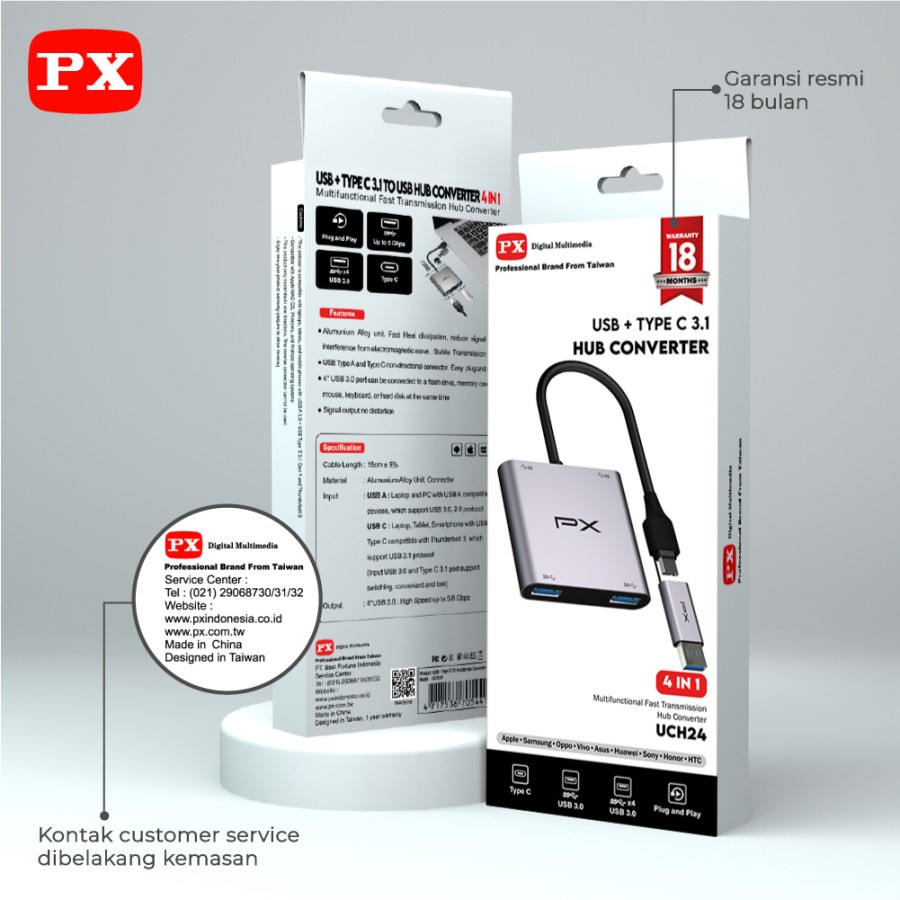 Type-c to usb-A 3.0 hub px 4 port 5Gbps aluminum with connector usb3.0 to usb-c female uch-24 uch24