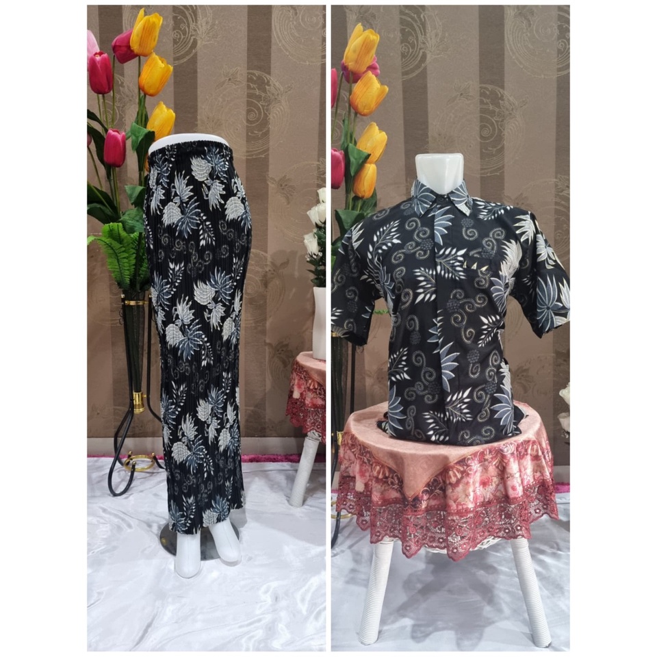 SETELAN COUPLE BATIK ROK PLISKET DAN KEMEJA KEMEJA PENDEK NEW PALMA SILVER