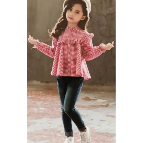 A408 Setelan Anak Perempuan, Baju Kotak-kotak anak perempuan, Setelan Korea Anak Perempuan