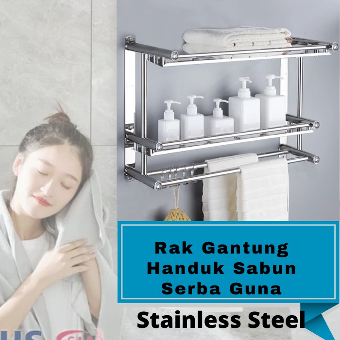 Rak Gantungan Handuk Rak Dinding Shampoo Sabun Bumbu Dapur Kamar Mandi Toilet - Rak Gantung Dinding Tempel Stainless Aluminium