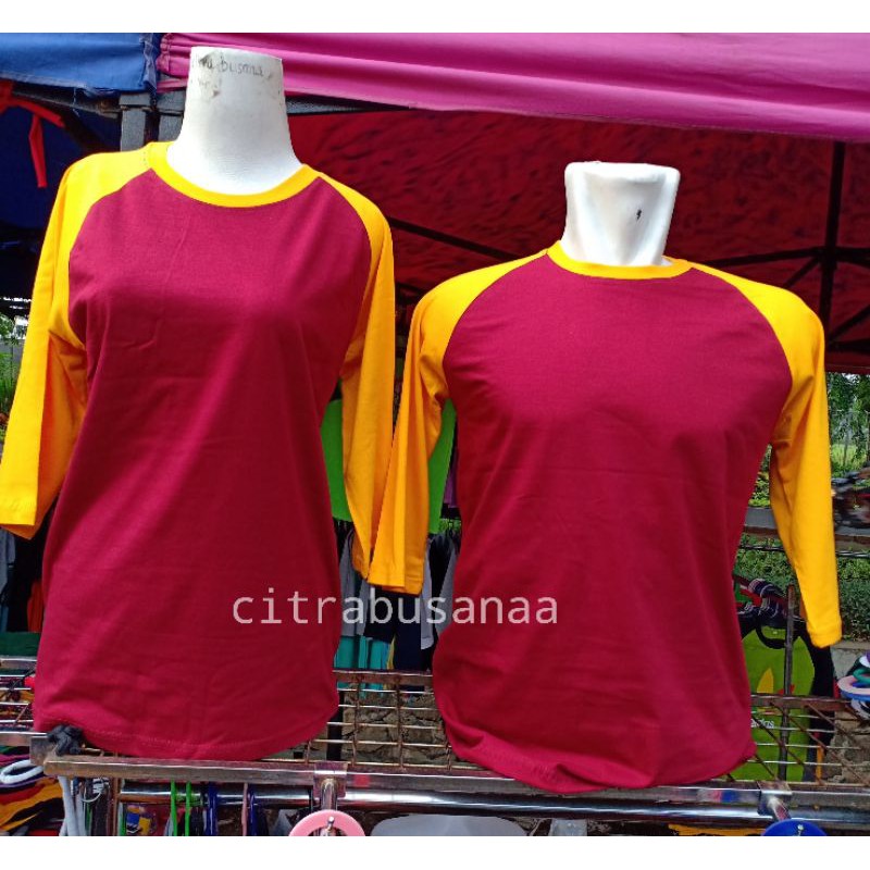 KAOS RAGLAN COMBED MERAH MARUN - KUNING KUNYIT LENGAN 3/4 dan PANJANG