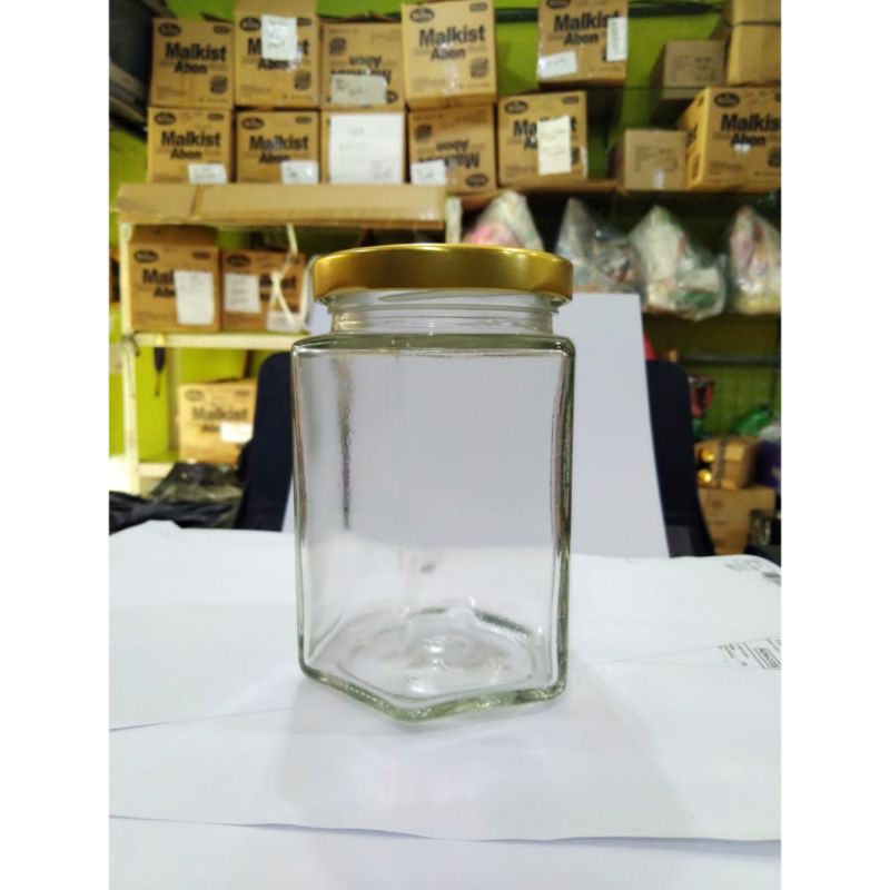 BOTOL KACA HAXEGONAL 300ML  + TUTUP GOLD  // BOTOL KACA HEXAGONAL SEGI ENAM BESAR 300 ML / hexagonal 195 ml / Y1