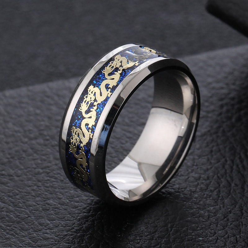 Cincin Bahan Stainless Steel Motif Naga Ukuran 8mm Untuk Pria Dan Wanita