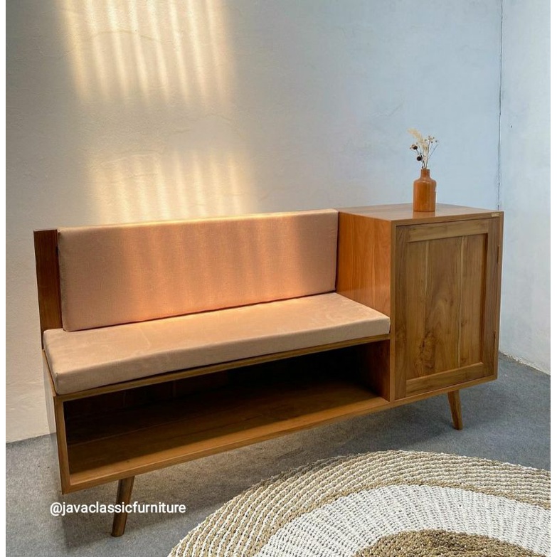 BUFET NAKAS TEMPAT SEPATU MINIMALIS SCANDINAVIA VINTAGE DUDUKAN BANGKU JOK SANTAI BAHAN KAYU JATI FINISHING NATURAL-2