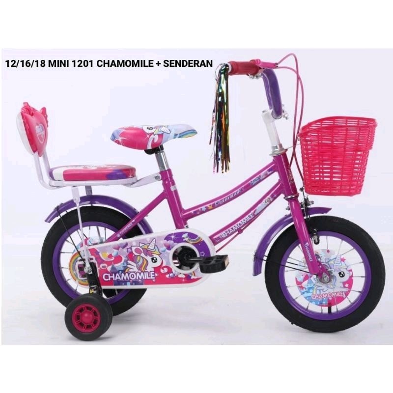 Sepeda Anak Cewek Perempuan Bmx Mini Ukuran 12 inch, 16 Inch &amp; 18 Inch Chamomile 1201 Sandaran Belakang Ban Pompa