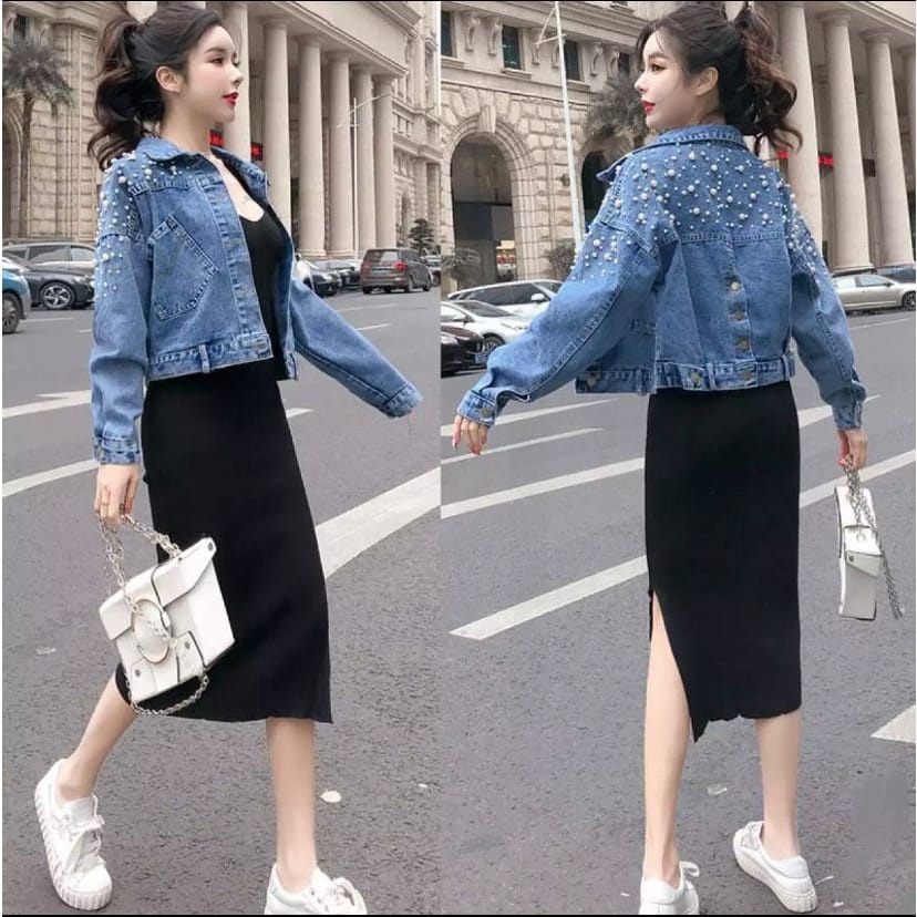 ORIGINAL JAKET CROP JEANS MUTIARA WANITA KUALITAS IMPORT