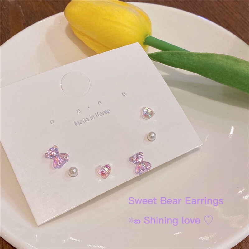 S2 jarum perak dream bear love heart stud anting-anting set kombinasi 22 tahun baru trendi lucu sede