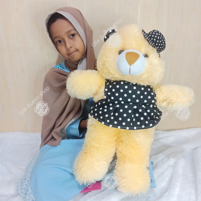 Boneka Teddy bear topi baju polkadot TANGGUNG 60cm