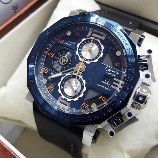 Jam Tangan Keren Elegant Alexandre Christie AC 6373 MC Leather Black Dial Blue Original