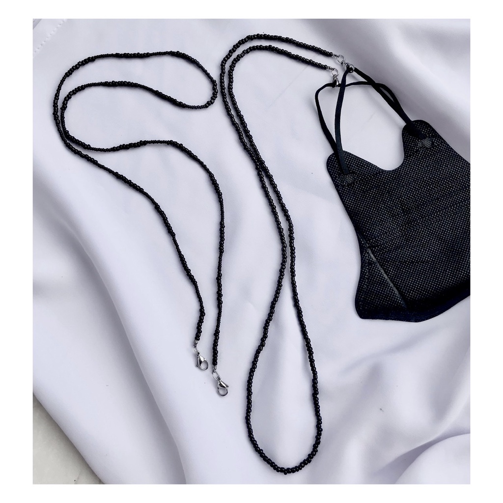 Kalung masker/strap masker/manik full hitam/pengait stainless steel