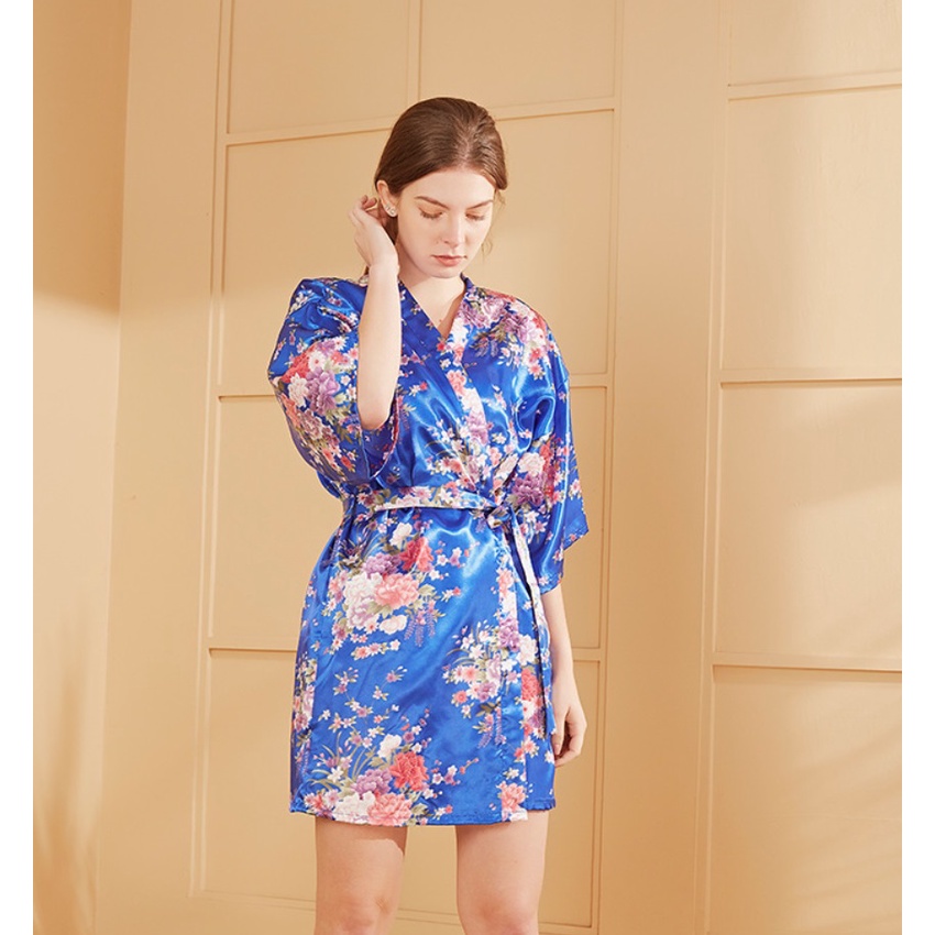 Baju Tidur KIMONO BUNGA satin Gaya Korea Fashion Peacock Fashion Silk Sleepwear Jepang