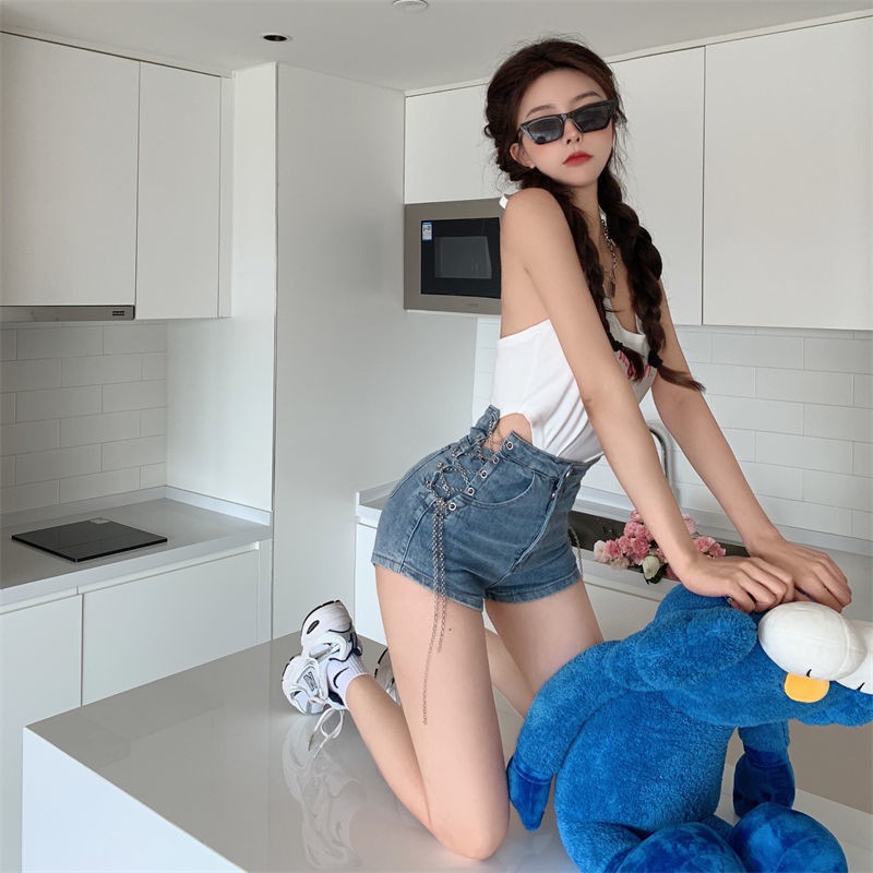 Celana Jeans Seksi Jaringan Sexy Tinggi Pinggang Denim Celana Pendek Wanita Tipis LurusaKata Hot Pan