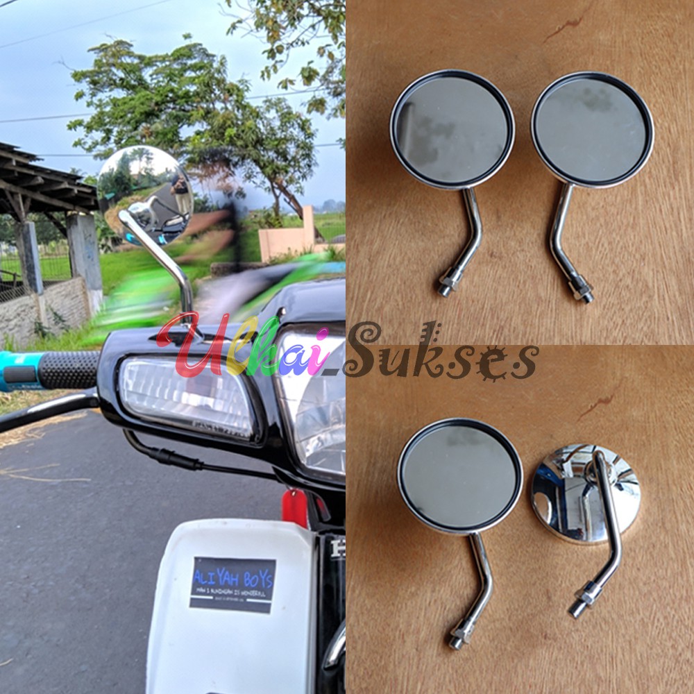 Spion Bulat Chrome Tangkai Pendek Kaca Datar Model Vespa Mini Crome Universal Honda Murah