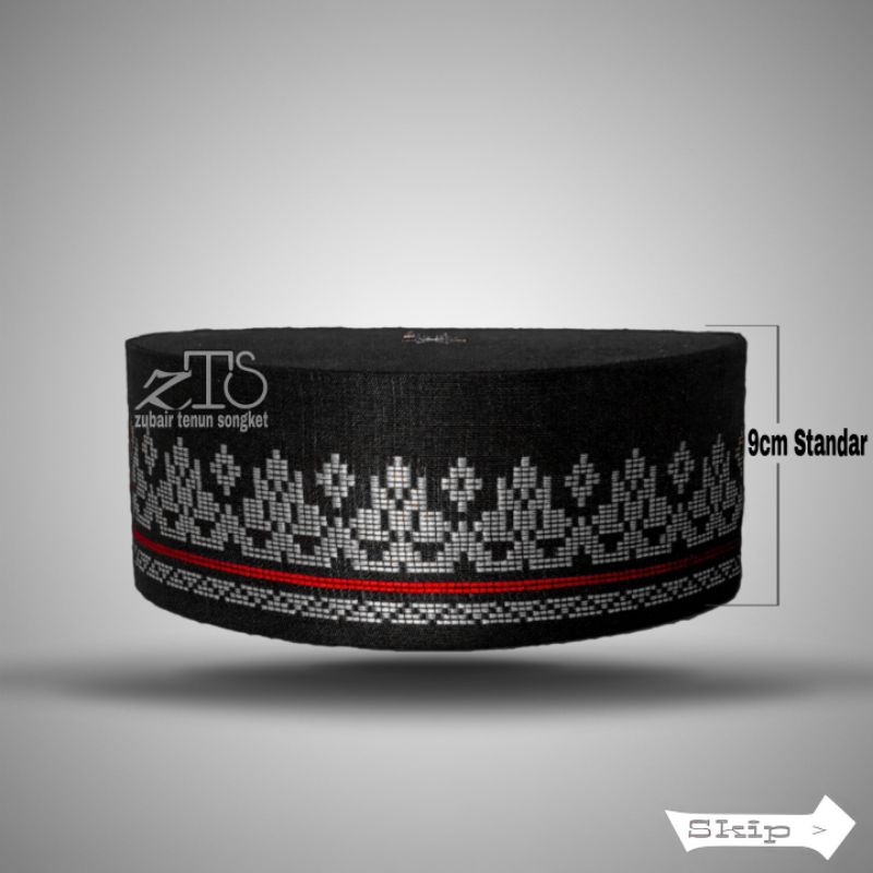 PECI SONGKOK MOTIF CEREK HITAM SILVER LIS MERAH KOPIA KOPYA TOPI LOBE ZUBAIR TENUN SONGKET HITAM