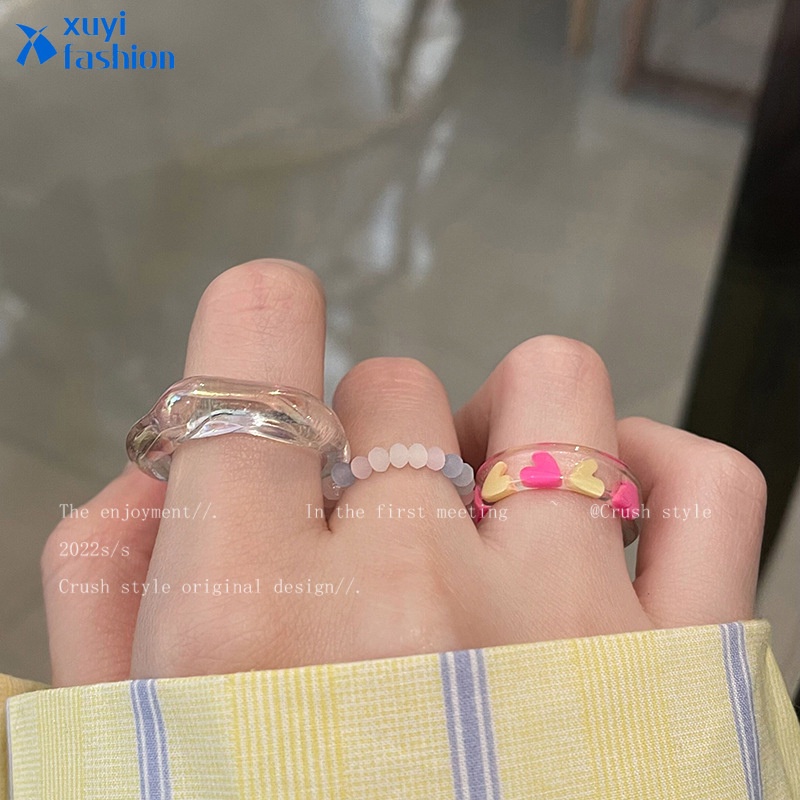 3pcs / Set Cincin Manik-Manik Resin Bentuk Hati Untuk Wanita