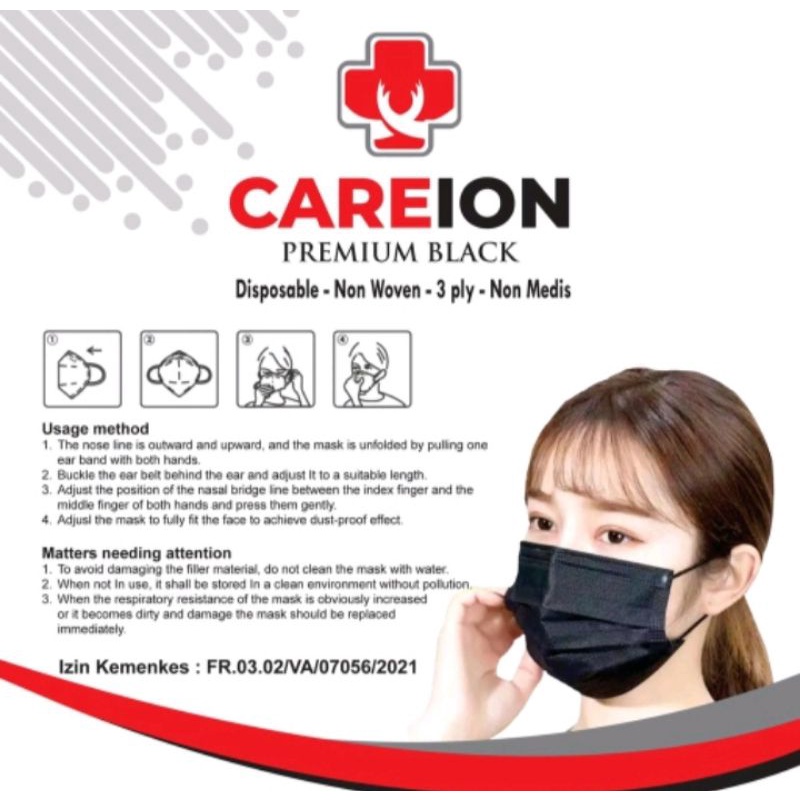 0Masker earloop dan hijab 3ply isi 50pc Masker 3 ply earloop/kuping hitam careion