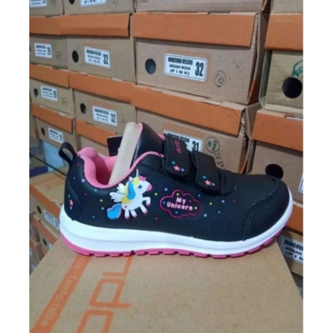 SEPATU SEKOLAH ANAK PEREMPUAN ANDO UNICORN BTS SEPATU ANDO PEREKAT HITAM PINK