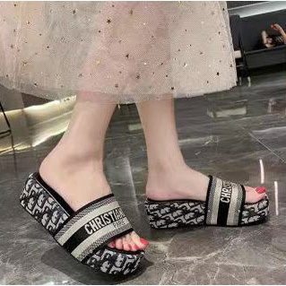SS0259 Sandal Slop Wanita Fashion Import Sendal Wedges Embroidered Slide Thick Slip On Ready Jakarta Bisa COD (With Box)