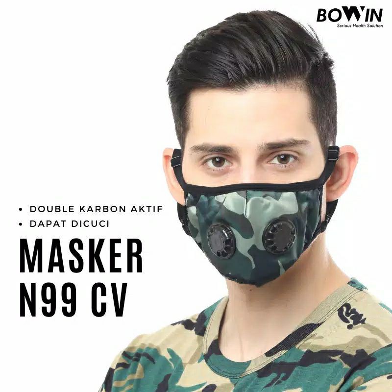 Masker BOWIN N99 CV SOLID BLACK dual filter karbon masker motor anti polusi udara dan debu