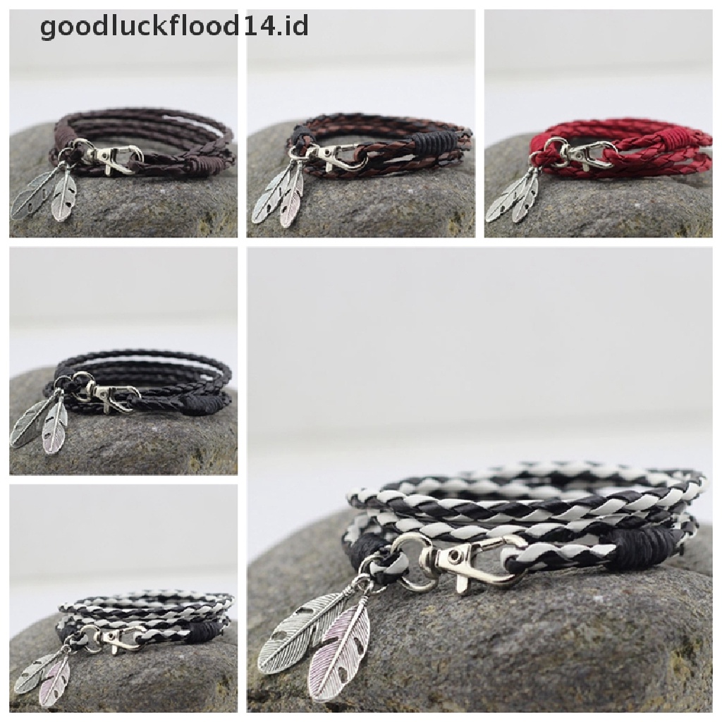 [OOID] Fashion New Bangles Men Jewelry Accessories PU Leather Feather Charm Bracelets ID