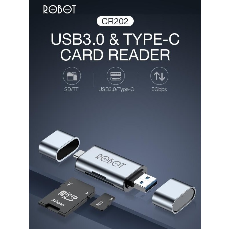 ROBOT Card Reader CR202 2 in 1 USB 3.0 Type-C OTG Memory Card Adapter Micro SD