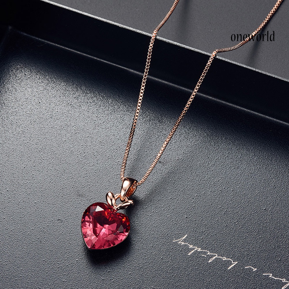 OW@ Heart Shape Rhinestone Pendant Necklace Ear Stud Earrings Women Jewelry Set