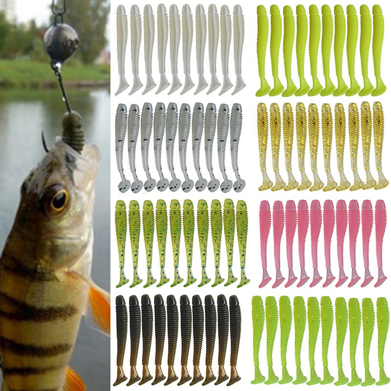 10pcs / lot Umpan Pancing Soft Bait Bentuk Cacing Bahan Karet Silikon Ukuran 50mm 0.7g