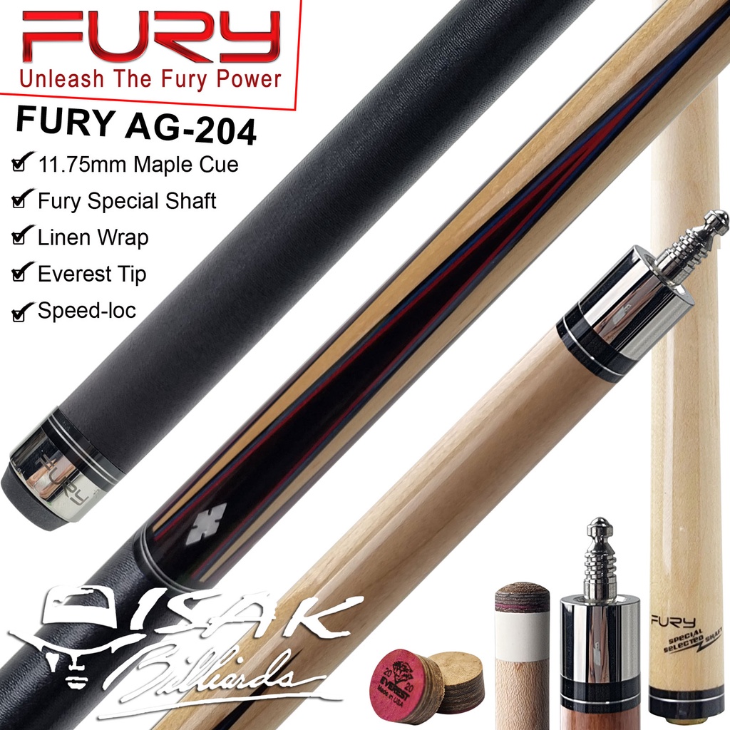 Fury AG-204 Cue 11.75 mm Maple Pool Billiard Stick Stik Biliar Everest Tip Linen Grip Asli