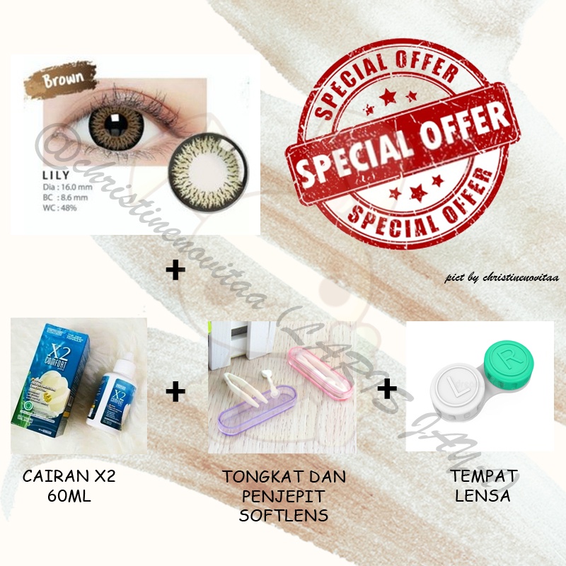 PAKET  SOFTLENS LILY BY IRIS LAB 16MM BIG EYES (NORMAL) + CAIRAN X2 60 ML + PENJEPIT / PINSET