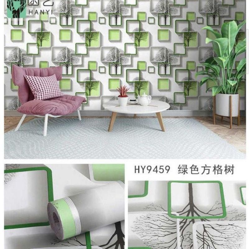 Wallpaper Stiker Dinding Motif Pohon Kotak Hijau 3D Mewah Elegan Premium Modern