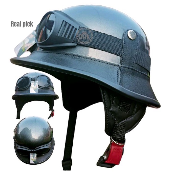 Helm retro milenial crazy nazi GREY GLOSY kombinasi kacamata klasik/helm retro/helm nazi cat/helm/he