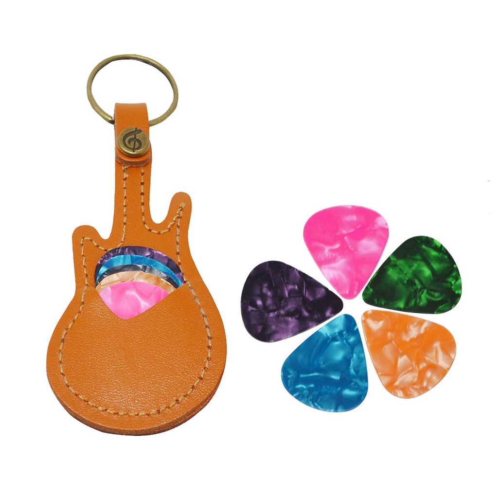 Gantungan Kunci Holder Pick Gitar Bahan Kulit Asli 2 Warna Dengan 5 Pick