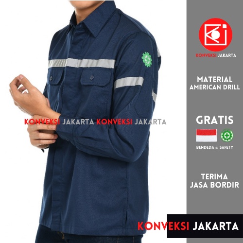 Baju Wearpack Kemeja Safety K3 Proyek Tambang Lengan Panjang  - Pakaian Seragam Werpak Kerja Atasan Scotlite Lapangan Warna Navy Pria Wanita