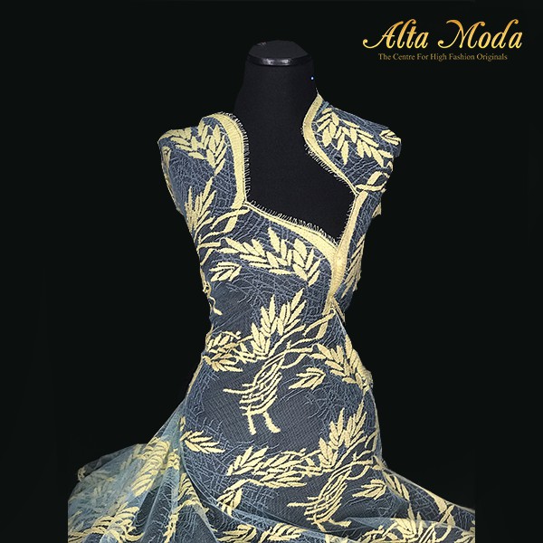 

Alta Moda Brokat Perancis Motif Daun Chantilly - Biru Gading