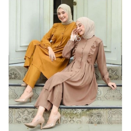 Set Baju Muslim Wanita Remaja Long Tunik Edisi Lebaran Terbaru 2023 Model Setelan Kekinian Trendy Se