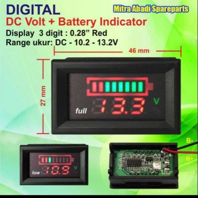 Voltmeter indikator baterai aki accu DC 12 V 12v
