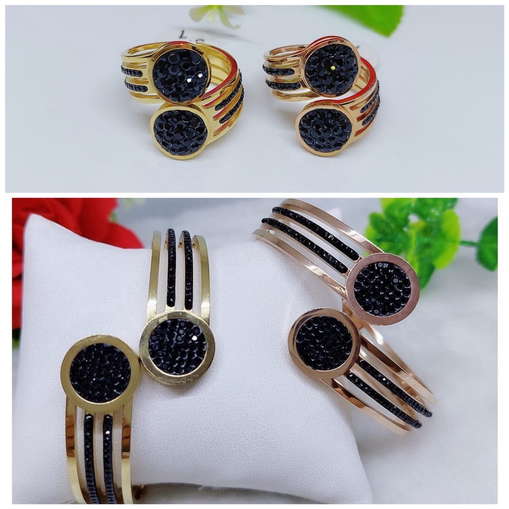 Set Gelang dan Cincin Titanium Permata Putih&amp;Hitam