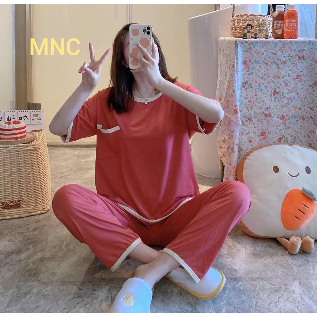 Piyama Baju Tidur Import Sleepwear Lengan Pendek Celana Panjang Motif Stelan Rumah Oversize Premium-CP List- Merah