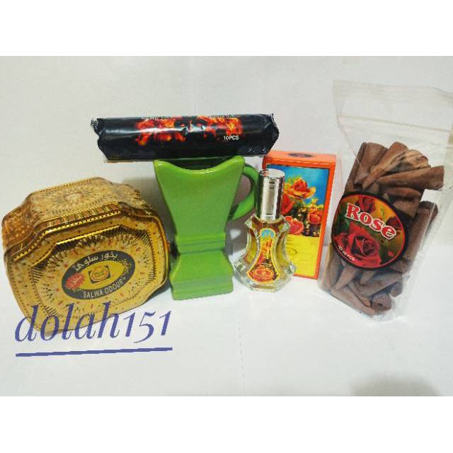 paket hemat tempat bakaran dupa prapen buhur salwa buhur kerucut areng parfum ar-rafif spray 35 ml