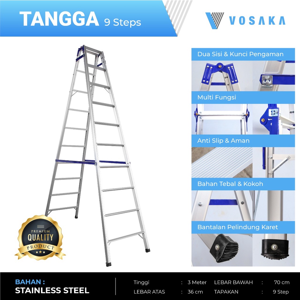 TANGGA LIPAT ALUMUNIUM VOSAKA A+ 9 STEPS TINGGI 3 METER