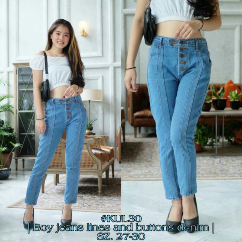 FREE BELT/ BOYFRIEND JEANS WANITA/ BOYFRIEND LINE BUTTON JEANS WANITA/TULANG/KANCING