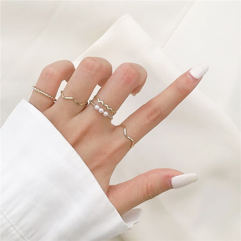 5pcs / Set Gelang Cincin Mutiara Gaya Korea Minimalis Untuk Wanita