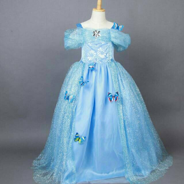 Baju Pesta Anak Perempuan Dress Anak Cewek Princes Kostum Cinderella Biru Lengan Panjang Dan Pendek